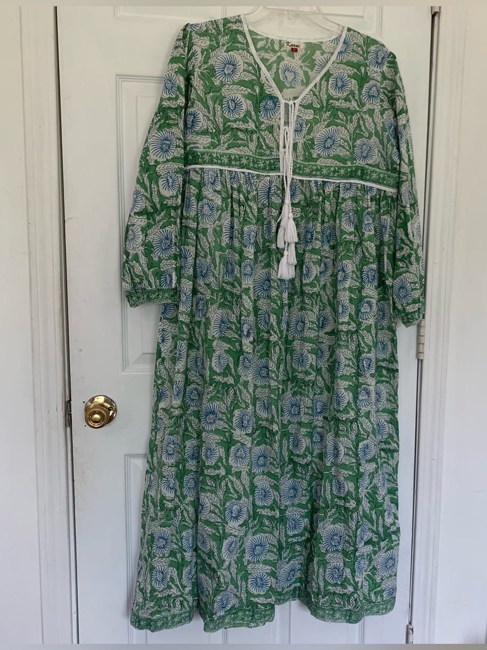 Karni Hand Block Print Cotton Floral Boho Maxi Dress Green V-Neck Tassel large